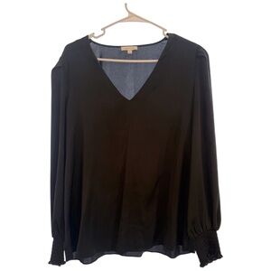 Alex & Lili Black V-Neck Blouse | Smocked Cuffs | Size L